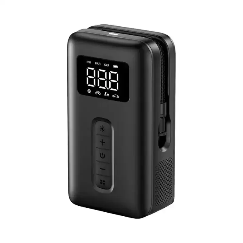 UGREEN 15951 Portable Tire Inflator CD259 showing a compact, matte black handheld cordless electric air compressor with an integrated digital LCD pressure display screen, air hose connection, and tactical LED emergency work light setup view