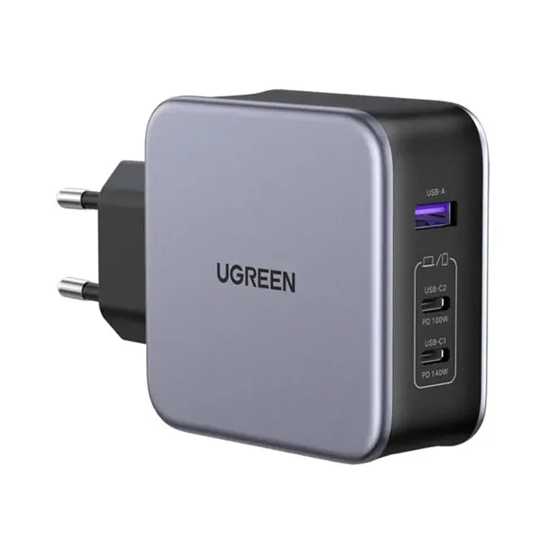 UGREEN 90549 Nexode 140W Charger EU premium space gray multi port adapter displaying its dual Type-C ports and single USB-A output slot on a crisp white backdrop