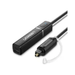 UGREEN 50213 compact stick style wireless Bluetooth 5.0 digital audio transmitter device in matte black showcasing an integrated gold plated optical Toslink SPDIF male interface head and a rear Micro USB power port terminal Layout