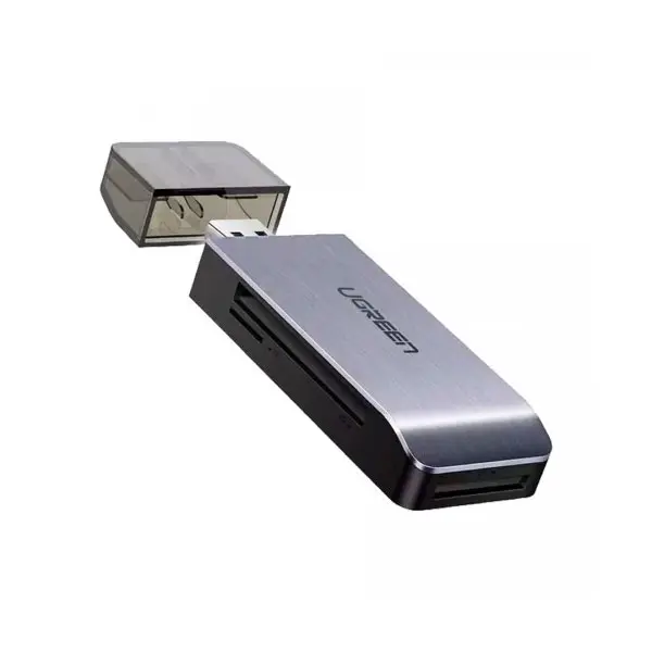 UGREEN 50541 4-in-1 USB 3.0 multifunction memory card reader hub showing the dark gray square body with separate SD, TF, CF, and MS card slots and the attached 50cm cable line