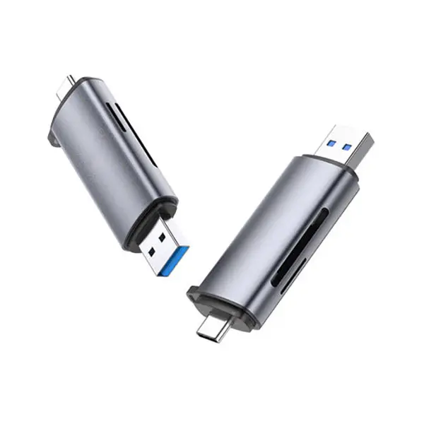 UGREEN 50706 USB-C male short cable to dual slot micro SD and SD memory card reader adapter showing a micro USB power supply input port on a white background