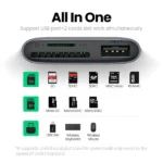 UGREEN 80798 USB-C to SD/TF + USB 2.0 Memory Card Reader pocket dongle showing the Type-C male plug along with SD TF and USB 2.0 female ports on a white background