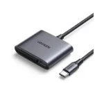 UGREEN 80798 USB-C to SD/TF + USB 2.0 Memory Card Reader pocket dongle showing the Type-C male plug along with SD TF and USB 2.0 female ports on a white background