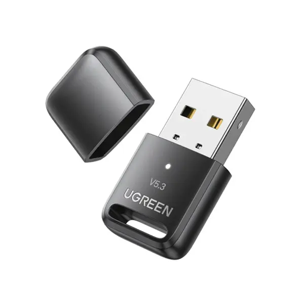 UGREEN 90225 ultra compact nano size USB wireless Bluetooth 5.3 adapter dongle in a matte black finish displaying the official white UGREEN logo and a standard USB-A connector interface