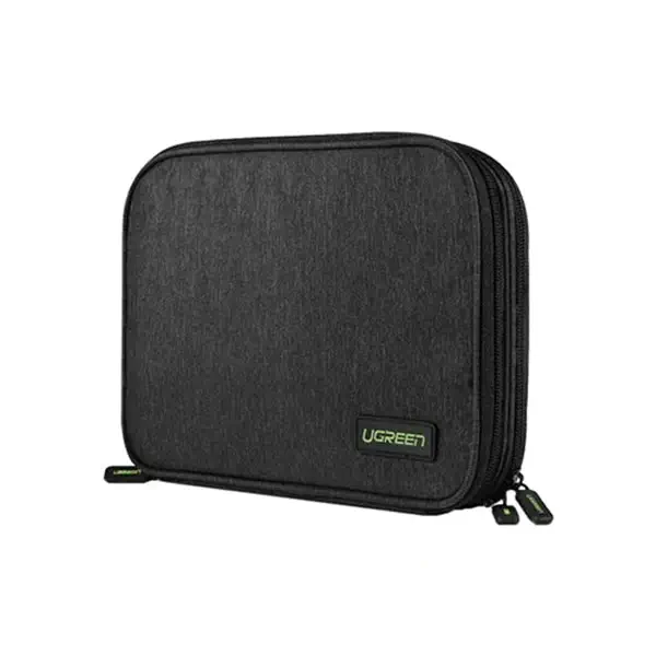 UGreen LP139-50147 Storage Bag Gray showing a compact double layer rectangular electronics travel organizer pouch with a durable grey water resistant Oxford fabric exterior, smooth dual metal zippers, and a sturdy top carry handle view