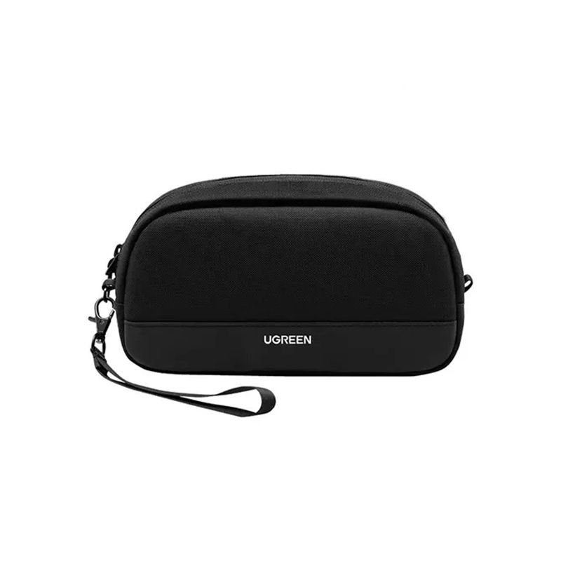 UGREEN 65555 Electronics Accessories Travel Organizer Small LP930 showing a compact, structured black rectangular tech pouch with premium YKK zippers, a minimalist brand logo, and a water-resistant fabric outer shell profile view