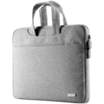 UGREEN 30325 Laptop Bag 15"-15.9" Gray LP114 showing a sleek minimalist rectangular gray water-resistant laptop briefcase sleeve with a soft retractable top carry handle, front zipper pocket compartment, and a clean plush scratch-free inner velvet lining layout view