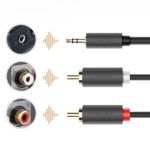 UGREEN 10510 3.5mm male aux plug to dual red and white RCA male stereo audio patch cable featuring gray aluminum connector covers on a white background