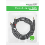 UGREEN 10513 3.5mm male aux plug to dual red and white RCA male stereo audio patch cable showing extra long gray cable cord on a white background
