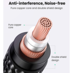 UGREEN 20244 audio link cable displaying its gold-plated 3.5mm three-pole TRS male aux jack and a heavy-duty 3-pin Cannon XLR female connector socket head bound by a thick 2-meter black PVC jacket sheath