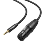 UGREEN 20244 audio link cable displaying its gold-plated 3.5mm three-pole TRS male aux jack and a heavy-duty 3-pin Cannon XLR female connector socket head bound by a thick 2-meter black PVC jacket sheath