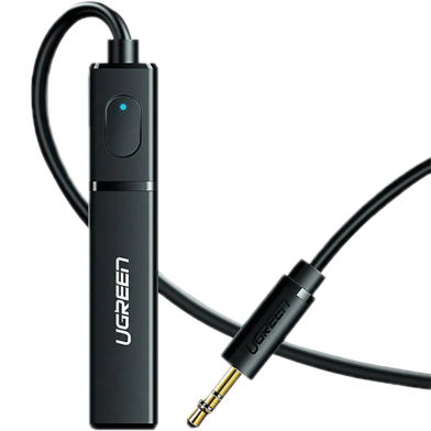 UGREEN 40761 USB powered wireless Bluetooth 5.0 audio transmitter device in a sleek black finish showcasing an attached 3.5mm male auxiliary connection cable line alongside a standard USB-A power interface plug