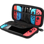 UGREEN 50974 Portable Case for Nintendo Switch LP174 showing two compact textured black EVA hard shell protective travel pouches with durable dual zippers, printed brand logos, and secure metal carabiner clips configuration view