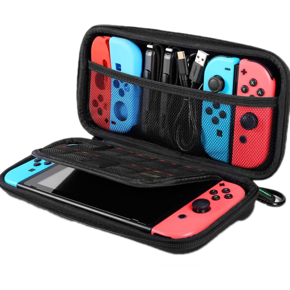 UGREEN 50974 Portable Case for Nintendo Switch LP174 showing two compact textured black EVA hard shell protective travel pouches with durable dual zippers, printed brand logos, and secure metal carabiner clips configuration view