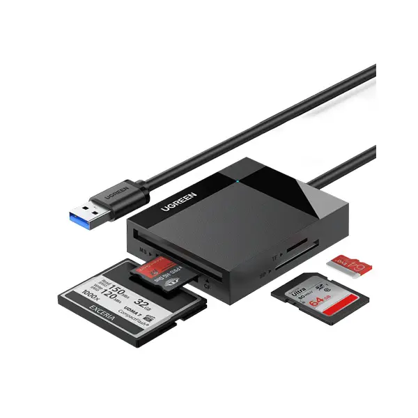UGREEN 30333 USB 3 All-in-One Card Reader with 50cm Cable housing featuring individual SD Micro SD CF and MS card slots resting on a flat surface beside a notebook
