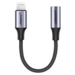 UGREEN 30756 Lightning male to female 10cm extension cable featuring a black round nylon braided jacket and premium aluminum shell connector covers on a white background