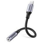 UGREEN 30756 Lightning male to female 10cm extension cable featuring a black round nylon braided jacket and premium aluminum shell connector covers on a white background