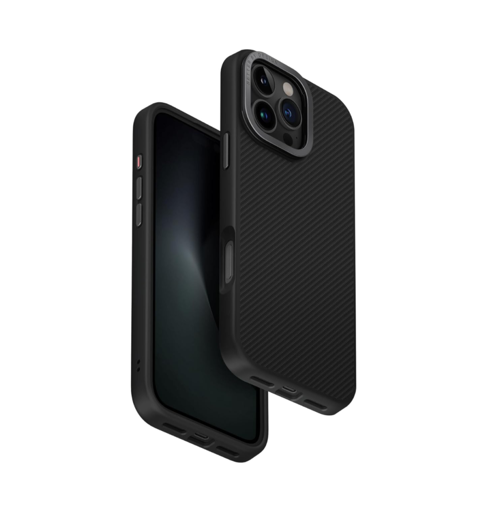 UGREEN 55332 aramid fiber protective phone case model CA122 displaying its premium black woven carbon pattern matte texture back with precise camera cutout for iPhone 16 Pro Max