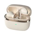 Valdus VNC-300 Bluetooth Earbuds with ANC showing the glossy black in-ear buds resting inside the open compact charging case layout, front LED battery status indicator light, and the touch control stem design configuration