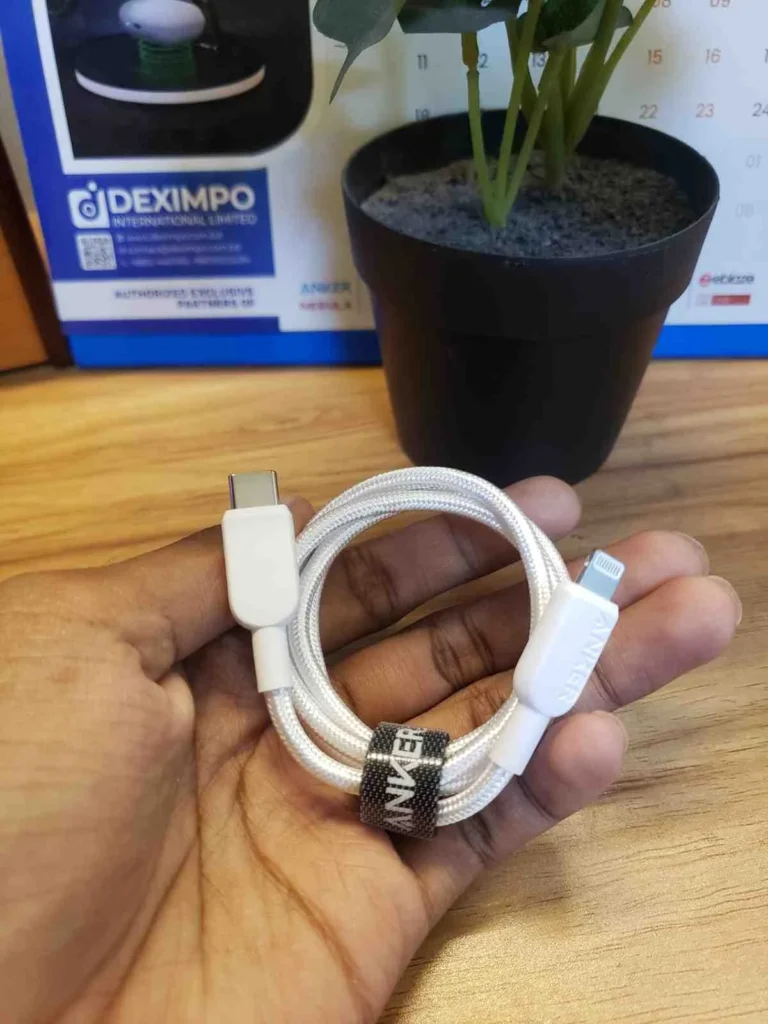 Anker 310 USB-C to Lightning Cable 3 ft Braided showing the premium braided nylon cord texture, reinforced rubber connector necks, and metal Type-C and Lightning pin tips