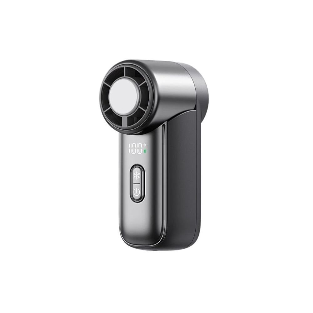 WiWU Wi-FS018 Ice Core Portable Fan handheld rechargeable pocket fan showing compact lightweight body integrated bottom carabiner clip 5 speed gear settings LED digital percentage display Type-C charging port front view premium colors
