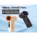 SUEER High Speed Portable Turbo Fan showing the compact pocket-sized matte body casing, front high velocity air outlet grille layout, central digital LED status screen display, and the physical single control power button configuration