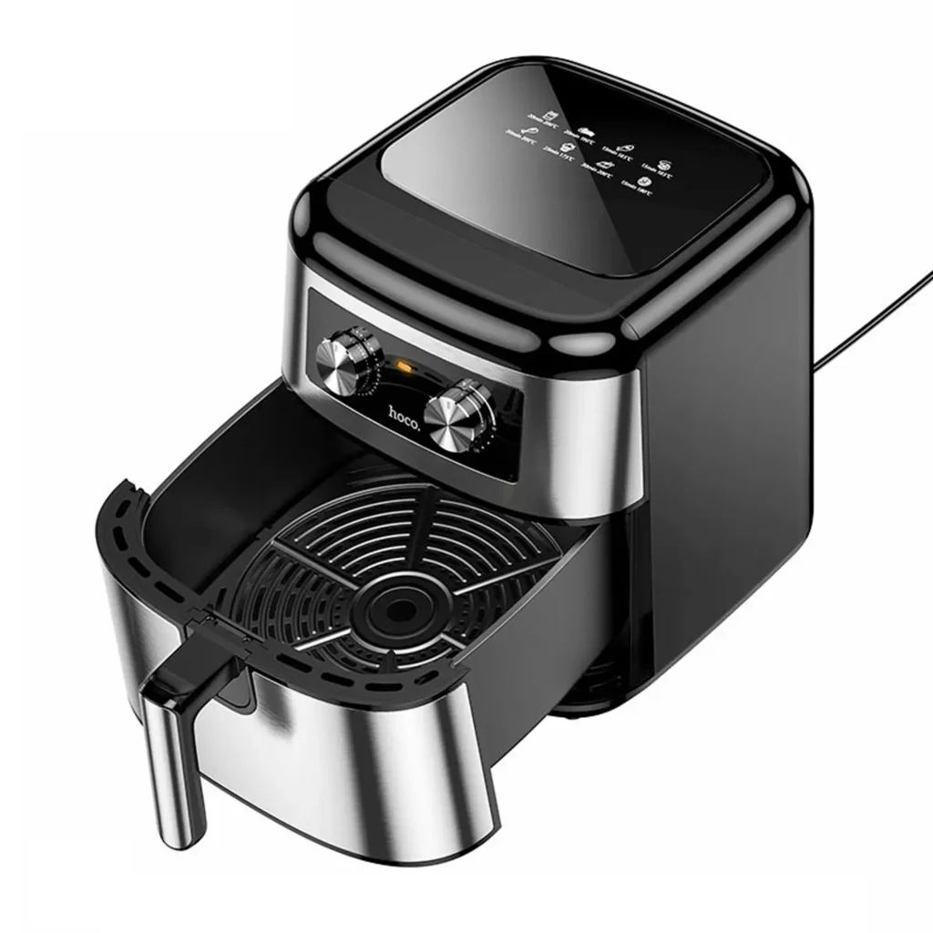 Hoco HJD16A Kitchen Multifunctional Air Fryer showing the premium black external casing, top digital touchscreen control interface, and pull-out 8L cooking basket handle layout