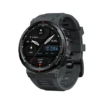 Zeblaze Ares 3 Plus Smartwatch showing a rugged circular sports smart watch case with a bright 1.43-inch AMOLED touch display screen, dual physical side navigation buttons, and a durable black silicone strap view