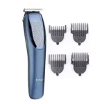 HTC AT-1210 rechargeable cordless beard trimmer in navy blue color with charging cable and attachments