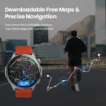Amazfit Balance 2 lifestyle smart watch highlighting its round aluminum alloy watch case, bright AMOLED touchscreen showcasing health metrics, and a premium black watch band strap