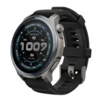 Amazfit Balance 2 lifestyle smart watch highlighting its round aluminum alloy watch case, bright AMOLED touchscreen showcasing health metrics, and a premium black watch band strap