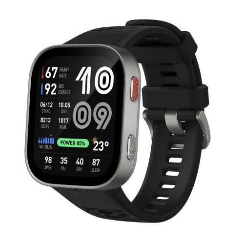 Amazfit Bip Max Smart Watch with an ultra-large high-definition touch display screen and a stylish frame shown in image_72eee5.png