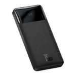 Baseus Bipow Digital Display 15W 10000mAh Power Bank showing the slim matte black texturized body casing layout, top glossy front screen panel with the red LED battery percentage indicator, dual USB output ports, and the Type-C interface configuration