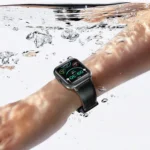 BWOO BO-WA05 Smart Watch showing a sleek rectangular black smart watch body with a bright 1.83-inch HD touch screen display, single side functional menu button, and a soft premium black silicone strap layout view