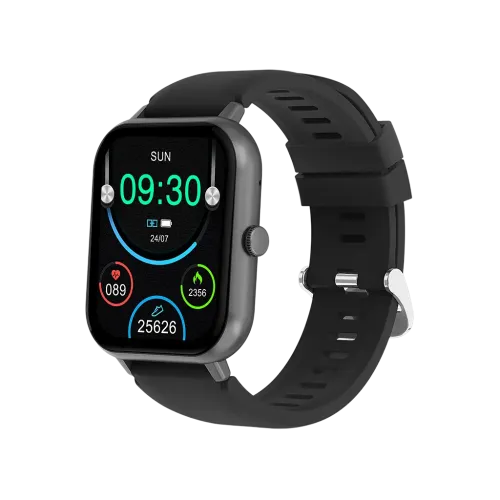 BWOO BO-WA05 Smart Watch showing a sleek rectangular black smart watch body with a bright 1.83-inch HD touch screen display, single side functional menu button, and a soft premium black silicone strap layout view