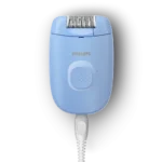 Philips BRE228/00 2000 Series compact corded electric epilator for women with sensitive area cap attachment, cleaning brush, and power adapter turn on