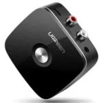 UGREEN CM123 30445 sleek square wireless Bluetooth 5.0 desktop audio receiver hub in a premium matte black finish showcasing independent 3.5mm and dual 2RCA output ports alongside a Micro USB power slot interface