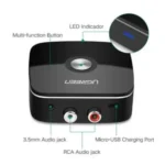 UGREEN CM123 30445 sleek square wireless Bluetooth 5.0 desktop audio receiver hub in a premium matte black finish showcasing independent 3.5mm and dual 2RCA output ports alongside a Micro USB power slot interface
