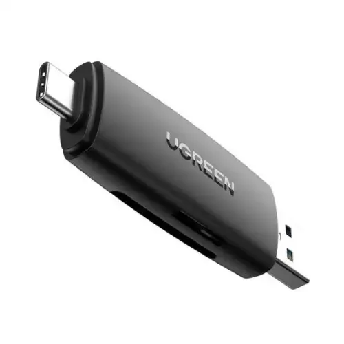 UGREEN 80191 Multifunction Card Reader Black color showing dual USB Type-A and USB Type-C interface connectors with SD and Micro SD slots on a white background