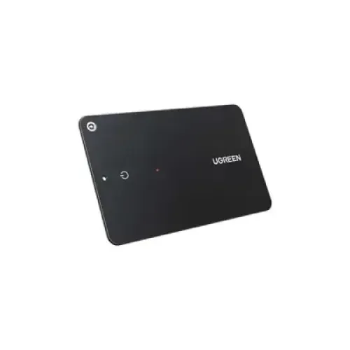 UGREEN CM817 45298 ultra thin credit card sized wireless Bluetooth smart finder tracker card in a premium matte black finish showcasing clean geometric corners and dual magnetic contact pogo pin recharging docks