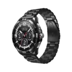 Kieslect Actor Leading Bluetooth Calling Smart Watch showing the circular aluminum case body, premium scratch resistant black ceramic bezel, front 1.6 inch LTPO AMOLED display panel, rotating side metal crown button, and the sports strap layout