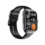 MOVR Curve Smart Watch showing a sleek premium curved smartwatch frame with a 1.96-inch AMOLED display showing a colorful clock face view
