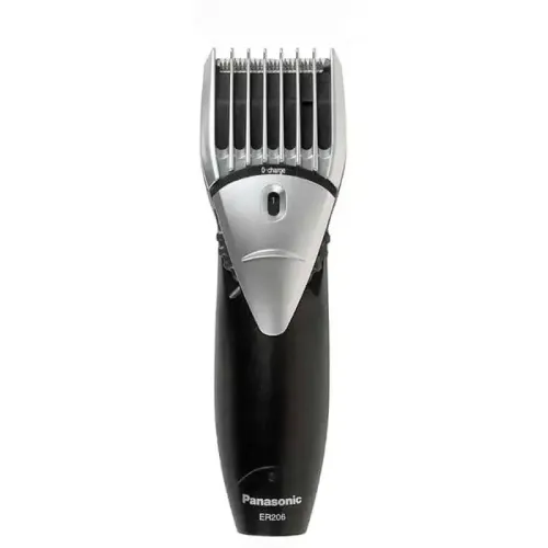 Panasonic ER206 professional corded and cordless hair and beard trimmer with built-in length adjustment dial, charging indicator light, and power adapter turned on