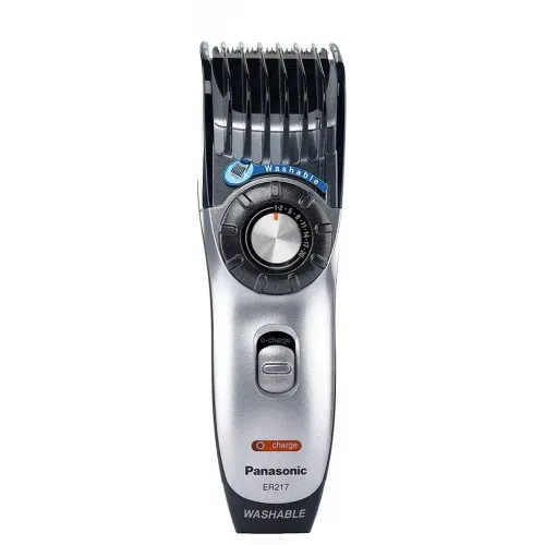 Panasonic ER217 rechargeable corded and cordless electric hair and beard trimmer with built-in quick adjust dial, integrated guide comb, power adapter, and trimmer oil turn on