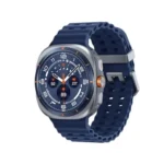 Samsung Galaxy Watch Ultra 2025 premium flagship smartwatch with titanium blue cushion case and orange marine band quick button dial perspective view