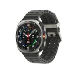Samsung Galaxy Watch Ultra 2025 premium flagship smartwatch with titanium blue cushion case and orange marine band quick button dial perspective view