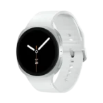 Samsung Galaxy Watch 8 premium smartwatch displaying its circular high-resolution Super AMOLED touchscreen face plate showing an AI energy score interface attached to a sleek sports band strap