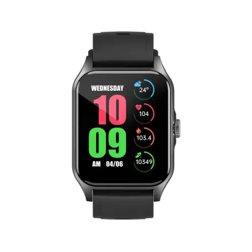 MOVR GenFit 7 Smart Watch showing the lightweight rectangular body layout, front 1.83-inch high definition color touch screen with active step counter tracker UI, and comfortable 22mm silicone wrist strap panel