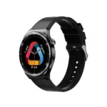 QCY GT2 Smartwatch showing a classic circular zinc alloy smart watch body with a bright 1.43-inch AMOLED touch screen display, a functional rotating side crown button, and a premium black silicone wrist strap view