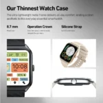 Zeblaze GTS 4 Smartwatch showing an ultra-thin 8.7mm rectangular metal alloy smart watch body with a bright 1.94-inch HD AMOLED display screen, a premium rotating navigation crown button, and a soft liquid silicone strap design view